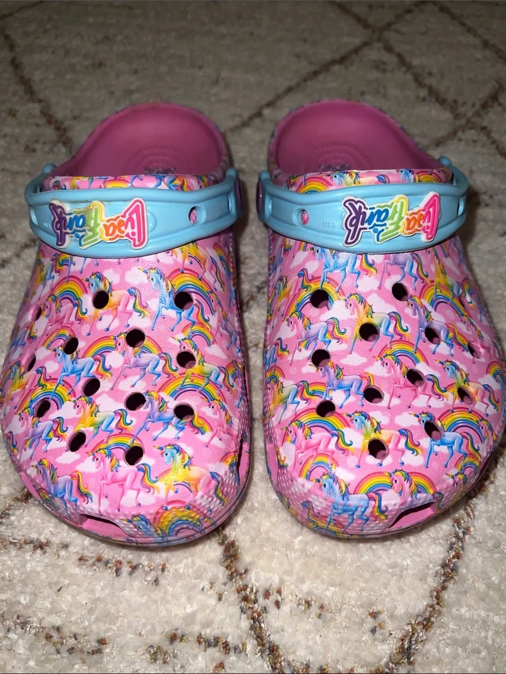 CROCS Pink Unicorn Pattern Clogs with Light Blue Heel Strap